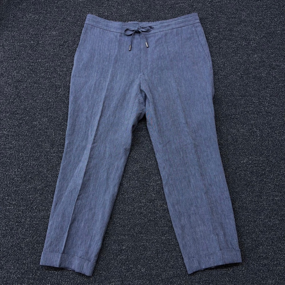Z Zegna Linen Cotton Trousers Men's 54R Blue Slim Pinstripe Drawstring Cuffed
